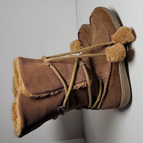 Steve‎ Madden P-Pop Boots Moccasins Suede Faux Fur Tie Pompoms Mid-Calf Brown 7 - Picture 4 of 12